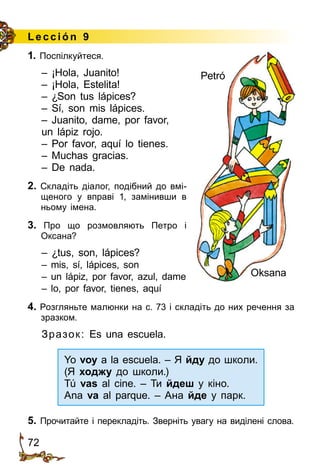 72
Le cción 9
1. Поспілкуйтеся.
– ¡Hola, Juanito!
– ¡Hola, Estelita!
– ¿Son tus lápices?
– Sí, son mis lápices.
– Juanito, dame, por favor,
un lápiz rojo.
– Por favor, aquí lo tienes.
– Muchas gracias.
– De nada.
2. Складіть діалог, подібний до вмі­
щеного у вправі 1, замінивши в
ньому імена.
3. Про що розмовляють Петро і
Оксана?
– ¿tus, son, lápices?
– mis, sí, lápices, son
– un lápiz, por favor, azul, dame
– lo, por favor, tienes, aquí
4. Розгляньте малюнки на с. 73 і складіть до них речення за
зразком.
Зразок: Es una escuela.
Yo voy a la escuela. – Я йду до школи.
(Я ходжу до школи.)
Tú vas al cine. – Ти йдеш у кіно.
Ana va al parque. – Ана йде у парк.
5. Прочитайте і перекладіть. Зверніть увагу на виділені слова.
Petró
Oksana
 