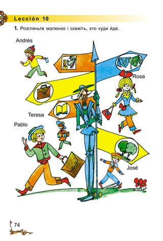 74
Le cción 10
1. Розгляньте малюнок і скажіть, хто куди йде.
Rosa
Teresa
Pablo
Andrés
José
 