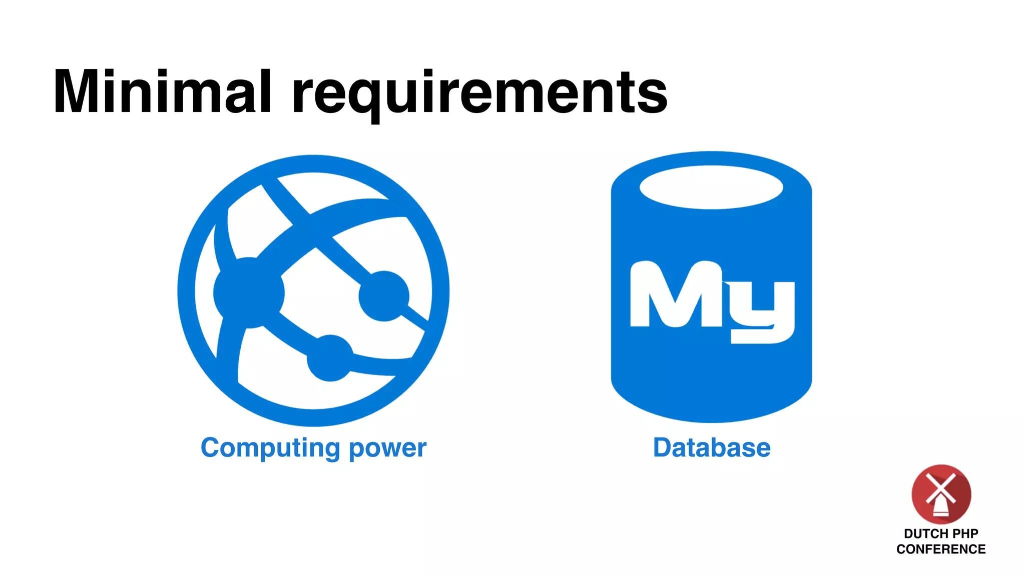 DUTCH PHP
CONFERENCE
Minimal requirements
Computing power Database
 