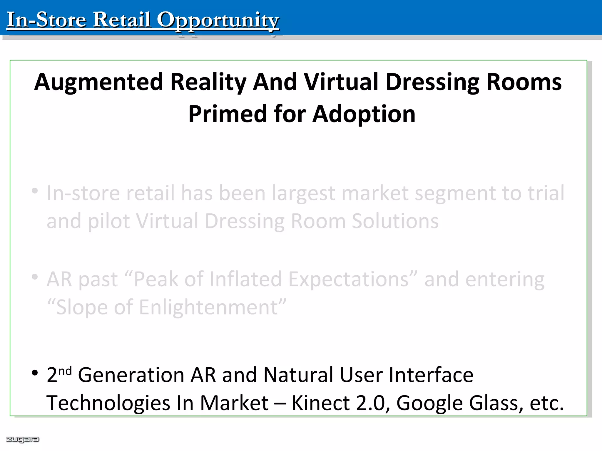 In-Store Retail OpportunityIn-Store Retail OpportunityIn-Store Retail OpportunityIn-Store Retail Opportunity
Confidential – Please do not distribute
Augmented Reality And Virtual Dressing Rooms
Primed for Adoption
• In-store retail has been largest market segment to trial
and pilot Virtual Dressing Room Solutions
• AR past “Peak of Inflated Expectations” and entering
“Slope of Enlightenment”
• 2nd
Generation AR and Natural User Interface
Technologies In Market – Kinect 2.0, Google Glass, etc.
Augmented Reality And Virtual Dressing Rooms
Primed for Adoption
• In-store retail has been largest market segment to trial
and pilot Virtual Dressing Room Solutions
• AR past “Peak of Inflated Expectations” and entering
“Slope of Enlightenment”
• 2nd
Generation AR and Natural User Interface
Technologies In Market – Kinect 2.0, Google Glass, etc.
 