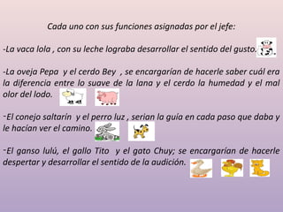 Cada uno con sus funciones asignadas por el jefe:
-La vaca lola , con su leche lograba desarrollar el sentido del gusto.
-La oveja Pepa y el cerdo Bey , se encargarían de hacerle saber cuál era
la diferencia entre lo suave de la lana y el cerdo la humedad y el mal
olor del lodo.
-El conejo saltarín y el perro luz , serian la guía en cada paso que daba y
le hacían ver el camino.
-El ganso lulú, el gallo Tito y el gato Chuy; se encargarían de hacerle
despertar y desarrollar el sentido de la audición.
 