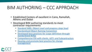 BIM AUTHORING – CCC APPROACH
• Established Centers of excellent in Cairo, Ramallah,
Athens and Dubai
• Developed BIM authoring standards to meet
contractor requirements
• Standard WBS: Object Level and progress steps level
• Standardized Object Naming Convention
• Developed best practices for scope definition through
standardized BOQs
• Comprehensive EDI with clients, A/E’s and Subcontractors
• Develop and promote best practice for change
management
 