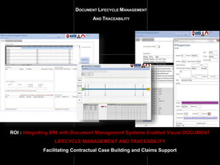 DOCUMENT LIFECYCLE MANAGEMENT
AND TRACEABILITY
ROI : Integrating BIM with Document Management Systems Enabled Visual DOCUMENT
LIFECYCLE MANAGEMENT AND TRACEABILITY
Facilitating Contractual Case Building and Claims Support
 