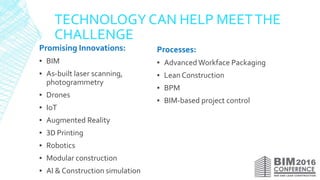 TECHNOLOGY CAN HELP MEETTHE
CHALLENGE
Promising Innovations:
▪ BIM
▪ As-built laser scanning,
photogrammetry
▪ Drones
▪ IoT
▪ Augmented Reality
▪ 3D Printing
▪ Robotics
▪ Modular construction
▪ AI & Construction simulation
Processes:
▪ AdvancedWorkface Packaging
▪ Lean Construction
▪ BPM
▪ BIM-based project control
 