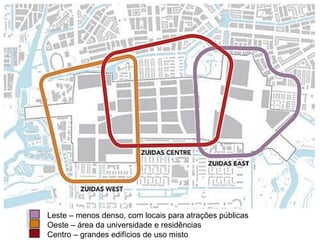 Leste – menos denso, com locais para atrações públicas
Oeste – área da universidade e residências
Centro – grandes edifícios de uso misto
 