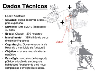Dados Técnicos
• Local: Amsterdã
• Situação: busca de novas áreas
para expansão.
• Duração: 1998 à 2040 (esperado) –
42 anos
• Escala: Cidade – 270 hectares
• Investimento: 1.385 bilhão de euros
(incluindo impostos)
• Organização: Governo nacional da
Holanda e município de Amsterdã
• Objetivo: criar um novo distrito de
negócios
• Estratégia: novo eixo de transporte
público, criação de empregos e
habitações fortalecendo uma nova
composição demográfica e social.
ZUIDA
 