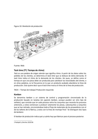 Figura 10: Nivelación de producción
Fuente: Web
Tack time (TT, Tiempo de ritmo)
Tack es una palabra de origen alemán que significa ritmo. A partir de los datos sobre los
pedidos de los clientes, se determina el tack time que se deduce de dicha demanda. El
tack time indica el ritmo de la demanda de los clientes. Así pues, se define como el
tiempo en que una pieza debe ser producida para satisfacer las necesidades del cliente, o
en otras palabras, es la frecuencia en la que un producto acabado abandona la línea de
producción. Esto quiere decir que el tack time marca el ritmo de la línea de producción.
TACK = Tiempo de trabajo/ Producción requerida
Kanban
Se denomina kanban a un sistema de control y programación sincronizada de la
producción basado en tarjetas (en japonés kanban, aunque pueden ser otro tipo de
señales), que consiste que en cada proceso retira los conjuntos que necesita los procesos
anteriores, y estos comienzan a producir solamente las piezas, subconjuntos y conjuntos
que se han retirado, sincronizándose todo el flujo de materiales de los proveedores con el
de los talleres de la fábrica, y estos con la línea de montaje final.5
Se distinguen dos tipos
de kanbans:
El kanban de producción indica qué y cuánto hay que fabricar para el proceso posterior.
5 Radajell y Sánchez 2010:96
17
 