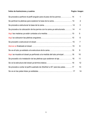 Índice de ilustraciones y cuadros                                         Pagina Imagen


Se procede a perforar el perfil angular para el paso de los pernos……………… 14        1

Se perforan la pletinas para sostener la base de la cama………………………… 14              2

Se procede a estructurar la base de la cama……………………………………….. 14                    3

Se procede a la colocación de los pernos con la cama ya estructurada………… 14       4

Aquí las maderas ya están cortadas a la medida………………………………….. 15                  5

Aquí se colocaron las pletinas angulares…………………………………………… 15                       6

Se procedió a estructurar el closet…………………………………………………… 15                        7

Acá se ve finalizado el closet ………………………………………………………… 15                          8

Se ve el tubo ya soldado a la estructura de la cama………………………………. 16               9

Aquí se muestra el closet ya perforado a la medida del tubo principal………….. 16   10

Se procedió a la instalación de las pletinas que sostienen el eje………………… 16       11

Se ve la estructura del closet ya termina básica…………………………………… 16                 12

Se procede a cortar el perfil cuadrado de 25x25x2 a 45° para las patas……….. 17    13

Se ve en las patas listas ya soldadas………………………………………………… 17                       14




                                            5
 