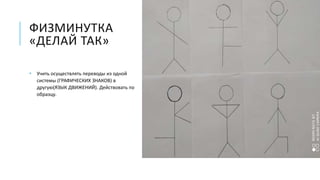 ФИЗМИНУТКА
«ДЕЛАЙ ТАК»
• Учить осуществлять переводы из одной
системы (ГРАФИЧЕСКИХ ЗНАКОВ) в
другую(ЯЗЫК ДВИЖЕНИЙ). Действовать по
образцу.
 