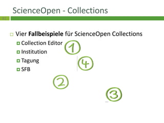 61
ScienceOpen - Collections
Vier Fallbeispiele für ScienceOpen Collections
Collection Editor
Institution
Tagung
SFB
 