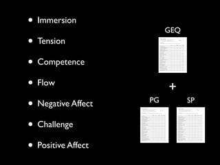 • Immersion              GEQ
• Tension
• Competence
• Flow                   +
• Negative Affect   PG         SP


• Challenge
• Positive Affect
 