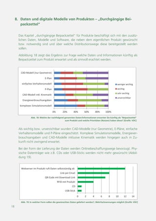 18
Abb. 19: In welcher Form sollen die gewünschten Daten geliefert werden?, Mehrfachnennungen möglich [Grafik: VDC]
0 2 4 6 8 10 12 14
USB-Stick
CD
RFID mit Produkt
QR-Code mit Download-Link
Link per Email
Webserver im Produkt ruft Daten selbstständig ab
Abb. 18: Welche der nachfolgend genannten Daten/Informationen erwarten Sie künftig als "Beipackzettel"
zum Produkt und welche Prioritäten (Nutzen) haben diese? [Grafik: VDC]
0% 20% 40% 60% 80% 100%
komplexes Simulationsmodell
Energieverbrauchsangaben
CAD-Modell inkl. Kinematik
P-Plan
einfaches Verhaltensmodell
E-Plan
CAD-Modell (nur Geometrie)
weniger wichtig
wichtig
sehr wichtig
unverzichtbar
8. Daten und digitale Modelle von Produkten – „Durchgängige Bei-
packzettel“
Das Kapitel „durchgängige Beipackzettel“ für Produkte beschäftigt sich mit den zusätz-
lichen Daten, Modelle und Software, die neben dem eigentlichen Produkt gewünscht
bzw. notwendig sind und über welche Distributionswege diese bereitgestellt werden
sollen.
Abbildung 18 zeigt das Ergebnis zur Frage welche Daten und Informationen künftig als
Beipackzettel zum Produkt erwartet und als sinnvoll erachtet werden.
Als wichtig bzw. unverzichtbar wurden CAD-Modelle (nur Geometrie), E-Pläne, einfache
Verhaltensmodelle und P-Pläne eingeschätzt. Komplexe Simulationsmodelle, Energiever-
brauchsangaben und CAD-Modelle inklusive Kinematik werden hingegen auch in Zu-
kunft nicht zwingend erwartet.
Bei der Form der Lieferung der Daten werden Onlinebeschaffungswege bevorzugt. Phy-
sische Datenträger wie z.B. CDs oder USB-Sticks werden nicht mehr gewünscht (Abbil-
dung 19).
 