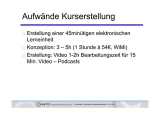 Aufwände Kurserstellung
   Erstellung einer 45minütigen elektronischen
    Lerneinheit
   Konzeption: 3 – 5h (1 Stunde à 54€, WiMi)
   Erstellung: Video 1-2h Bearbeitungszeit für 15
                      1 2h
    Min. Video – Podcasts




                       K. Sostmann | Sächsische Landesärztekammer 14.12.2011
 