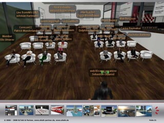 T-Teil der WeltJederMenschmöchte die Welt, in der erlebt,aktivmitgestalten. In Second Life wurdealles von den Teilnehmern, den sog. Residents geschaffen.Akteure in Second Life heißenResidentsJeder Resident hat kostenlosen Zugriff auf die Werkzeuge und eine Art „digitale Knete“, umHäuser zu bauen, Pflanzen zu entwickeln. Es ist möglich, im gemeinsamen geteilten dreidimensionalen virtuellen Raum gleichzeitig zu kollaborieren.