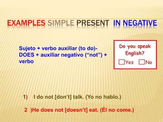 EXAMPLES SIMPLE PRESENT IN NEGATIVE
Sujeto + verbo auxiliar (to do)-
DOES + auxiliar negativo (“not”) +
verbo
1) I do not ...