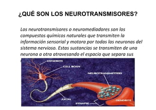 ¿QUÉ SON LOS NEUROTRANSMISORES?
Los neurotransmisores o neuromediadores son los
compuestos químicos naturales que transmiten la
información sensorial y motora por todas las neuronas del
sistema nervioso. Estas sustancias se transmiten de una
neurona a otra atravesando el espacio que separa sus
ramificaciones, conocido como sinapsis.

 
