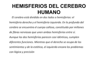 HEMISFERIOS DEL CEREBRO
HUMANO
El cerebro está dividido en dos lados o hemisferios: el
hemisferio derecho y el hemisferio izquierdo. En lo profundo del
cerebro se encuentra el cuerpo calloso, constituido por millones
de fibras nerviosas que unen ambos hemisferios entre sí.
Aunque los dos hemisferios parecen casi idénticos, cumplen
diferentes funciones. Mientras que el derecho se ocupa de los
sentimientos y de la estética, el izquierdo encara los problemas
con lógica y precisión

 