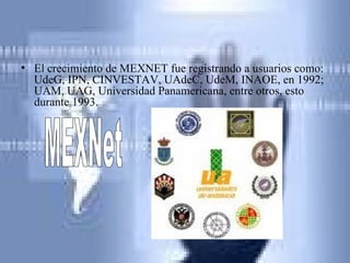 El crecimiento de MEXNET fue registrando a usuarios como: UdeG, IPN, CINVESTAV, UAdeC, UdeM, INAOE, en 1992; UAM, UAG, Universidad Panamericana, entre otros, esto durante 1993.   MEXNet 