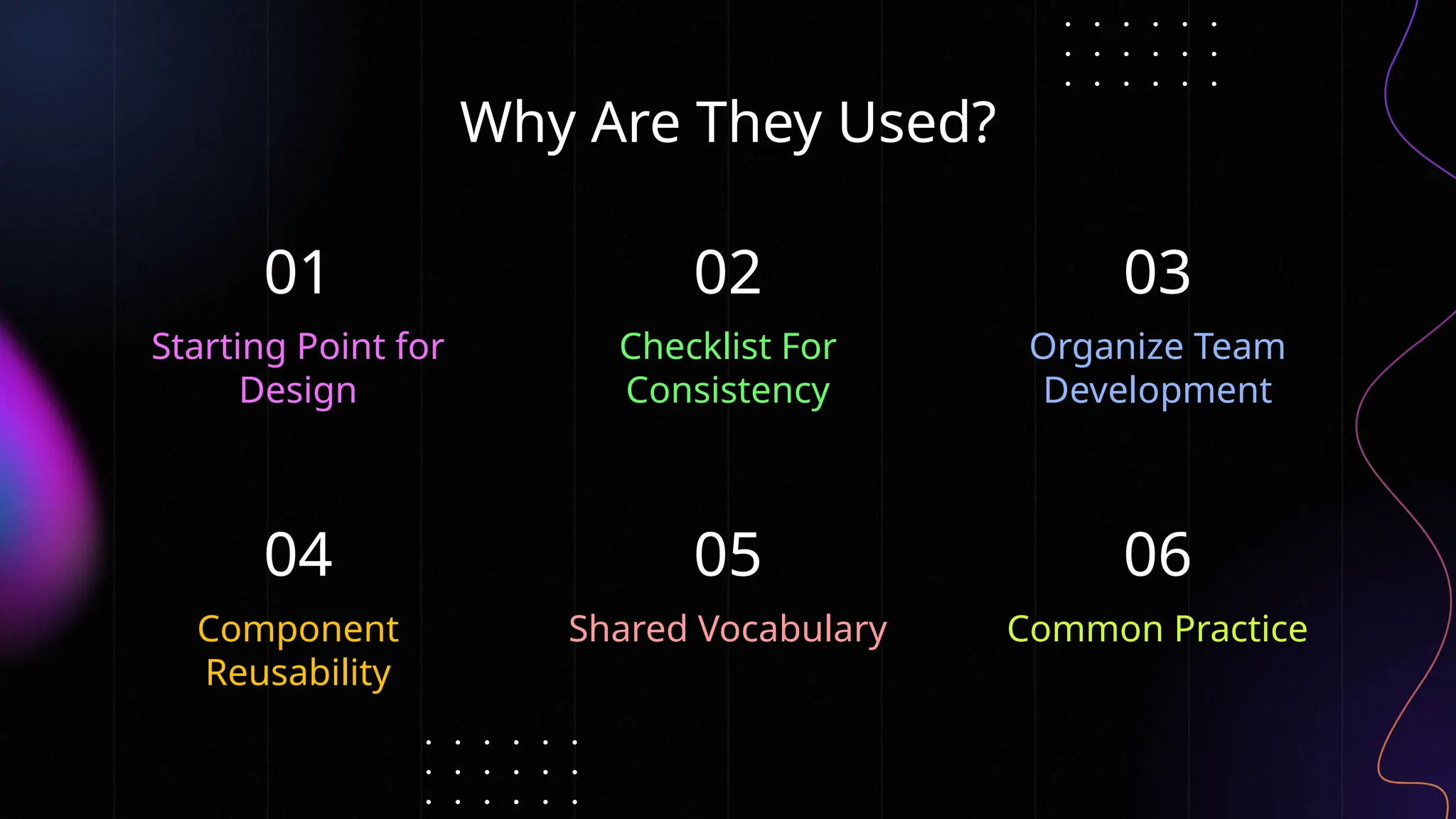 Why Are They Used?
01
04
02
05
03
06
Starting Point for
Design
Checklist For
Consistency
Organize Team
Development
Component
Reusability
Shared Vocabulary Common Practice
 