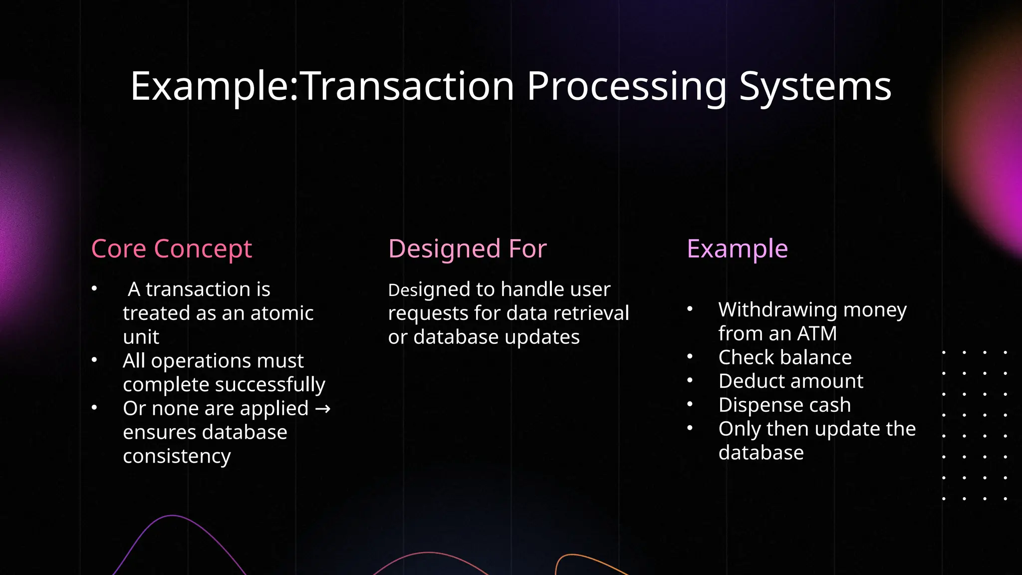 Example:Transaction Processing Systems
Core Concept Designed For
• A transaction is
treated as an atomic
unit
• All operations must
complete successfully
• Or none are applied →
ensures database
consistency
Designed to handle user
requests for data retrieval
or database updates
• Withdrawing money
from an ATM
• Check balance
• Deduct amount
• Dispense cash
• Only then update the
database
Example
 