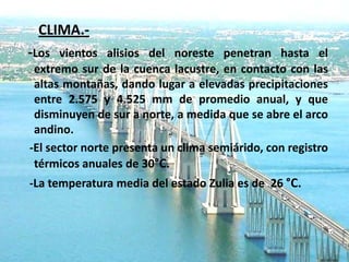 CLIMA.-
-Los vientos alisios del noreste penetran hasta el
 extremo sur de la cuenca lacustre, en contacto con las
 altas montañas, dando lugar a elevadas precipitaciones
 entre 2.575 y 4.525 mm de promedio anual, y que
 disminuyen de sur a norte, a medida que se abre el arco
 andino.
-El sector norte presenta un clima semiárido, con registro
 térmicos anuales de 30°C.
-La temperatura media del estado Zulia es de 26 °C.
 