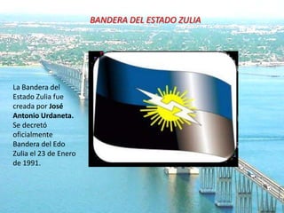 BANDERA DEL ESTADO ZULIA




La Bandera del
Estado Zulia fue
creada por José
Antonio Urdaneta.
Se decretó
oficialmente
Bandera del Edo
Zulia el 23 de Enero
de 1991.
 