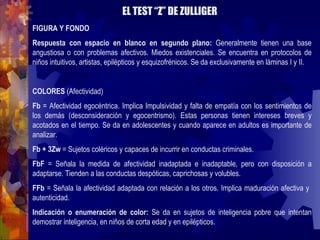 EL TEST “Z” DE ZULLIGER  FIGURA Y FONDO Respuesta con espacio en blanco en segundo plano:  Generalmente tienen una base angustiosa o con problemas afectivos. Miedos existenciales. Se encuentra en protocolos de niños intuitivos, artistas, epilépticos y esquizofrénicos. Se da exclusivamente en láminas I y II. COLORES  (Afectividad) Fb  = Afectividad egocéntrica. Implica Impulsividad y falta de empatía con los sentimientos de los demás (desconsideración y egocentrismo). Estas personas tienen intereses breves y acotados en el tiempo. Se da en adolescentes y cuando aparece en adultos es importante de analizar. Fb + 3Zw  = Sujetos coléricos y capaces de incurrir en conductas criminales. FbF  = Señala la medida de afectividad inadaptada e inadaptable, pero con disposición a adaptarse. Tienden a las conductas despóticas, caprichosas y volubles. FFb  = Señala la afectividad adaptada con relación a los otros. Implica maduración afectiva y  autenticidad.  Indicación o enumeración de color:  Se da en sujetos de inteligencia pobre que intentan demostrar inteligencia, en niños de corta edad y en epilépticos. 