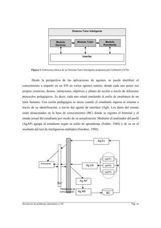Sistema Tutor Inteligente



                               Modulo               Modulo Tutor            Modulo
                               Dominio                                     Estudiante



                                                        Interfaz




        Figura 1: Estructura clásica de un Sistema Tutor Inteligente propuesta por Carbonell (1970).


        Desde la perspectiva de las aplicaciones de agentes, se puede distribuir el
conocimiento a impartir en un STI en varios agentes tutores, donde cada uno posee sus
propias creencias, deseos, intenciones, objetivos y planes de acción a través de diferentes
protocolos pedagógicos. Es decir, cada uno estará emulando al estilo de enseñanza de un
tutor humano. Una sesión pedagógica se inicia cuando el estudiante ingresa al sistema a
través de su identificación, a través del agente de interface (AgI). Los datos del mismo
están almacenados en la base de conocimientos (BC) donde se registra el historial y el
estado actual del estudiante por medio de su actualización. Mediante el analizador del perfil
(AgAP) agrupa al estudiante según su estilo de aprendizaje (Felder, 1988) y de su en el
resultado del test de inteligencias múltiples (Gardner, 1998).


                                                                      Ag Ev




                                                                              AgPP1

                 Estudiante
                                                            Ag LN             AgPP2


                                                                              AgPP3



                                                     Ag AP
                                 Ag I

                                    Plataforma de
                                   comunicación     Ag ME
                                                                               BC


________________________________________________________________________
Resolución de problemas matemática y TIC                                                               Pág. 16
 