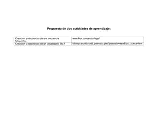 Propuesta de dos actividades de aprendizaje:
Creación y elaboración de una secuencia
fotográfica
www.fotor.com/es/collage/
Creación y elaboración de un vocabulario OVA sli.uvigo.es/ddd/ddd_pescuda.php?pescuda=ova&tipo_busca=lem
 