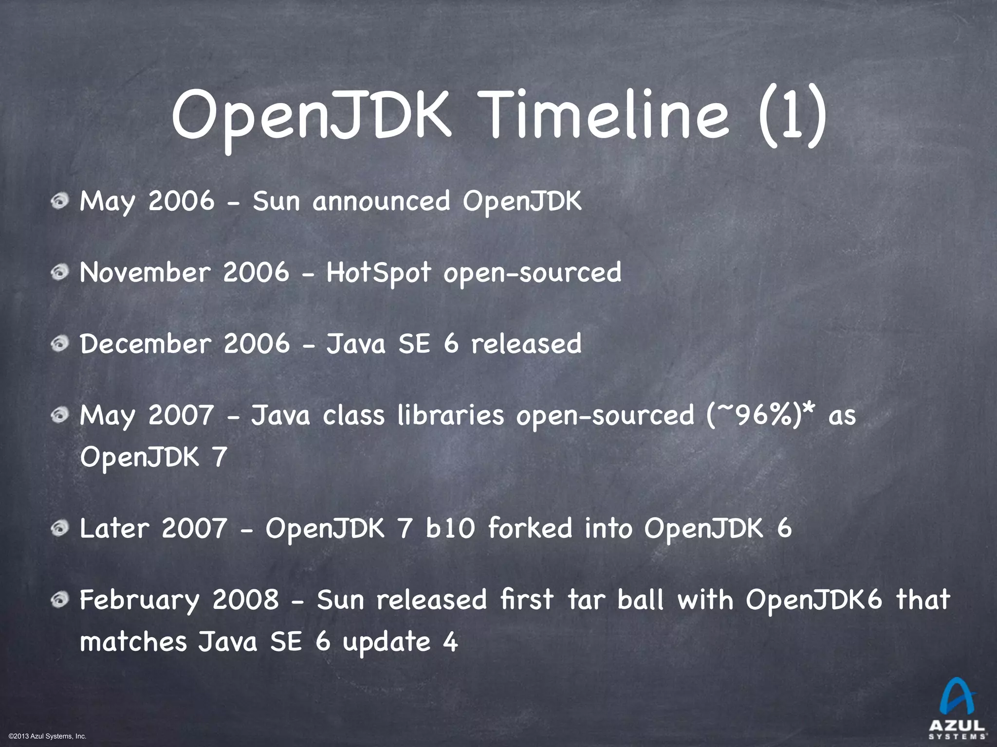 ©2013 Azul Systems, Inc.	
 	
 	
 	
 	
 	
OpenJDK Timeline (1)
May 2006 - Sun announced OpenJDK
November 2006 - HotSpot open-sourced
December 2006 - Java SE 6 released
May 2007 - Java class libraries open-sourced (~96%)* as
OpenJDK 7
Later 2007 - OpenJDK 7 b10 forked into OpenJDK 6
February 2008 - Sun released ﬁrst tar ball with OpenJDK6 that
matches Java SE 6 update 4
 