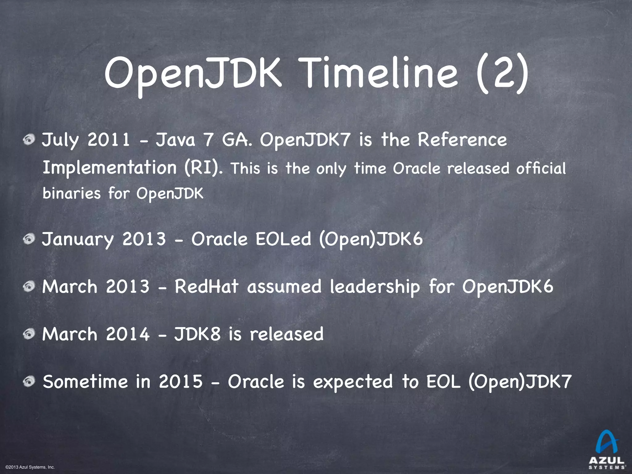 ©2013 Azul Systems, Inc.	
 	
 	
 	
 	
 	
OpenJDK Timeline (2)
July 2011 - Java 7 GA. OpenJDK7 is the Reference
Implementation (RI). This is the only time Oracle released ofﬁcial
binaries for OpenJDK
January 2013 - Oracle EOLed (Open)JDK6
March 2013 - RedHat assumed leadership for OpenJDK6
March 2014 - JDK8 is released
Sometime in 2015 - Oracle is expected to EOL (Open)JDK7
 
