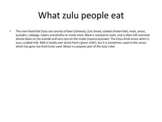 What zulu people eat
•

The main food that Zulus eat consists of beer (tshwala), Zulu bread, cooked chicken feet, meat, amasi,
pumpkin, cabbage, tubers and phuthu or maize meal. Meat is roasted on coals, and is often left scorched
almost black on the outside and very rare on the inside (inyama eyosiwe). The Zulus drink amasi which is
sour, curdled milk. Milk is hardly ever drunk fresh ('green milk'), but it is sometimes used to thin amasi
which has gone too thick to be used. Maize is a popular part of the Zulu's diet.

 