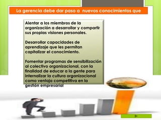 La gerencia debe dar paso a nuevos conocimientos que
permitan:
Alentar a los miembros de la
organización a desarrollar y compartir
sus propias visiones personales.
Desarrollar capacidades de
aprendizaje que les permitan
capitalizar el conocimiento.
Fomentar programas de sensibilización
al colectivo organizacional, con la
finalidad de educar a la gente para
internalizar la cultura organizacional
como ventaja competitiva en la
gestión empresarial
 