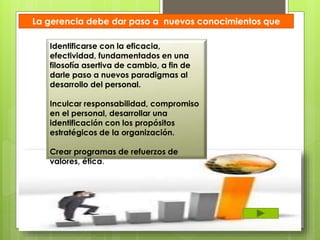 La gerencia debe dar paso a nuevos conocimientos que
permitan:
Identificarse con la eficacia,
efectividad, fundamentados en una
filosofía asertiva de cambio, a fin de
darle paso a nuevos paradigmas al
desarrollo del personal.
Inculcar responsabilidad, compromiso
en el personal, desarrollar una
identificación con los propósitos
estratégicos de la organización.
Crear programas de refuerzos de
valores, ética.
 