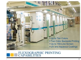 FLEXOGRAPHIC PRINTING CAPABILITIES Up to Ten Colors Two Color Backside Printing Up to 150-Line Screen UV and Aqueous Coatings 