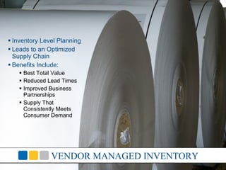 VENDOR MANAGED INVENTORY Inventory Level Planning Leads to an Optimized Supply Chain Benefits Include: Best Total Value Reduced Lead Times Improved Business Partnerships Supply That Consistently Meets Consumer Demand 