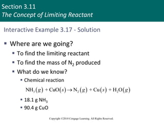Section 3.11
The Concept of Limiting Reactant
Copyright ©2018 Cengage Learning. All Rights Reserved.
Interactive Example 3.17 - Solution
 Where are we going?
 To find the limiting reactant
 To find the mass of N2 produced
 What do we know?
 Chemical reaction
 18.1 g NH3
 90.4 g CuO
         
3 2 2
NH + CuO N + Cu + H O
g s g s g

 