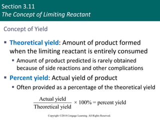 Section 3.11
The Concept of Limiting Reactant
Copyright ©2018 Cengage Learning. All Rights Reserved.
Concept of Yield
 Theoretical yield: Amount of product formed
when the limiting reactant is entirely consumed
 Amount of product predicted is rarely obtained
because of side reactions and other complications
 Percent yield: Actual yield of product
 Often provided as a percentage of the theoretical yield
Actual yield
× 100% = percent yield
Theoretical yield
 