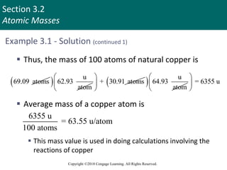 Section 3.2
Atomic Masses
Copyright ©2018 Cengage Learning. All Rights Reserved.
Example 3.1 - Solution (continued 1)
 Thus, the mass of 100 atoms of natural copper is
 Average mass of a copper atom is
 This mass value is used in doing calculations involving the
reactions of copper
69.09 atoms
  u
62.93
atom
+ 30.91 atoms
 
 
 
  u
64.93
atom
= 6355 u
 
 
 
6355 u
= 63.55 u/atom
100 atoms
 