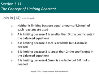 Section 3.11
The Concept of Limiting Reactant
Copyright ©2018 Cengage Learning. All Rights Reserved.
Join In (14) (continued)
a. Neither is limiting because equal amounts (4.0 mol) of
each reactant are used
b. A is limiting because 2 is smaller than 3 (the coefficients in
the balanced equation)
c. A is limiting because 2 mol is available but 4.0 mol is
needed
d. B is limiting because 3 is larger than 2 (the coefficients in
the balanced equation)
e. B is limiting because 4.0 mol is available but 6.0 mol is
needed
 