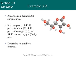 Section 3.3
The Mole
Copyright ©2018 Cengage Learning. All Rights Reserved.
Example 3.9 1
 Ascorbic acid (vitamin C)
cures scurvy.
 It is composed of 40.92
percent carbon (C), 4.58
percent hydrogen (H), and
54.50 percent oxygen (O) by
mass.
 Determine its empirical
formula.
42
 