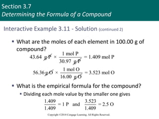 Section 3.7
Determining the Formula of a Compound
Copyright ©2018 Cengage Learning. All Rights Reserved.
Interactive Example 3.11 - Solution (continued 2)
 What are the moles of each element in 100.00 g of
compound?
 What is the empirical formula for the compound?
 Dividing each mole value by the smaller one gives
43.64 g P
1 mol P
×
30.97 g P
= 1.409 mol P
56.36 g O
1 mol O
×
16.00 g O
= 3.523 mol O
1.409 3.523
= 1 P and = 2.5 O
1.409 1.409
 