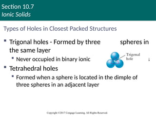 Section 10.7
Ionic Solids
Copyright ©2017 Cengage Learning. All Rights Reserved.
Types of Holes in Closest Packed Structures
 Trigonal holes - Formed by three spheres in
the same layer
 Never occupied in binary ionic compounds
 Tetrahedral holes
 Formed when a sphere is located in the dimple of
three spheres in an adjacent layer
 