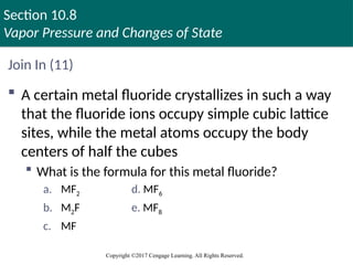 Section 10.8
Vapor Pressure and Changes of State
Copyright ©2017 Cengage Learning. All Rights Reserved.
Join In (11)
 A certain metal fluoride crystallizes in such a way
that the fluoride ions occupy simple cubic lattice
sites, while the metal atoms occupy the body
centers of half the cubes
 What is the formula for this metal fluoride?
a. MF2 d. MF6
b. M2F e. MF8
c. MF
 