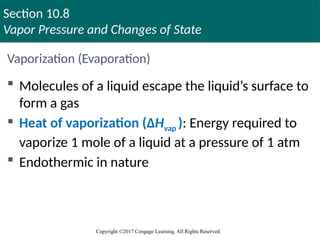 Section 10.8
Vapor Pressure and Changes of State
Copyright ©2017 Cengage Learning. All Rights Reserved.
Vaporization (Evaporation)
 Molecules of a liquid escape the liquid’s surface to
form a gas
 Heat of vaporization (ΔHvap ): Energy required to
vaporize 1 mole of a liquid at a pressure of 1 atm
 Endothermic in nature
 