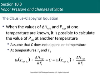 Section 10.8
Vapor Pressure and Changes of State
Copyright ©2017 Cengage Learning. All Rights Reserved.
The Clausius–Clapeyron Equation
 When the values of ΔHvap and Pvap at one
temperature are known, it is possible to calculate
the value of Pvap at another temperature
 Assume that C does not depend on temperature
 At temperatures T1 and T2
   
1 2
vap vap
vap, vap,
1 2
ln + = = ln +
T T
H H
P C P
RT RT
 
 