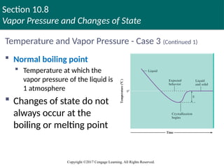Section 10.8
Vapor Pressure and Changes of State
Copyright ©2017 Cengage Learning. All Rights Reserved.
Temperature and Vapor Pressure - Case 3 (Continued 1)
 Normal boiling point
 Temperature at which the
vapor pressure of the liquid is
1 atmosphere
 Changes of state do not
always occur at the
boiling or melting point
 