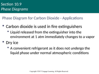 Section 10.9
Phase Diagrams
Copyright ©2017 Cengage Learning. All Rights Reserved.
Phase Diagram for Carbon Dioxide - Applications
 Carbon dioxide is used in fire extinguishers
 Liquid released from the extinguisher into the
environment at 1 atm immediately changes to a vapor
 Dry ice
 A convenient refrigerant as it does not undergo the
liquid phase under normal atmospheric conditions
 