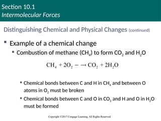Section 10.1
Intermolecular Forces
Copyright ©2017 Cengage Learning. All Rights Reserved.
Copyright ©2017 Cengage Learning. All Rights Reserved.
Distinguishing Chemical and Physical Changes (continued)
 Example of a chemical change
 Combustion of methane (CH4) to form CO2 and H2O
 Chemical bonds between C and H in CH4 and between O
atoms in O2 must be broken
 Chemical bonds between C and O in CO2 and H and O in H2O
must be formed
4 2 2 2
CH + 2O CO + 2H O
 

 