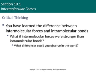 Section 10.1
Intermolecular Forces
Copyright ©2017 Cengage Learning. All Rights Reserved.
Copyright ©2017 Cengage Learning. All Rights Reserved.
Critical Thinking
 You have learned the difference between
intermolecular forces and intramolecular bonds
 What if intermolecular forces were stronger than
intramolecular bonds?
 What differences could you observe in the world?
 